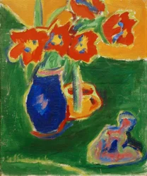 Red Tulips in Blue Vase with Sculpture